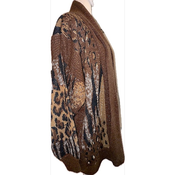 Vintage 80s Cardigan Sweater Multi Animal Print Metallic Leopard Pockets L - Picture 5 of 15